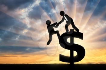 Concept of business team. Man standing on sign of dollar helps other person to get to it