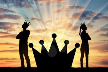 A big crown between a selfish man and a woman with a crown on her head, they stand with their backs to each other. Concept of selfishness in society