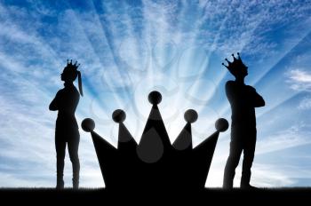 A big crown between an arrogant man and a woman with a crown on her head, they stand with their backs to each other. Concept of selfishness and arrogance in society
