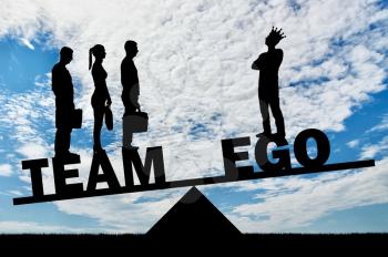 Team of three employees weighs more than one with their big ego. Concept of teamwork, not selfishness in work