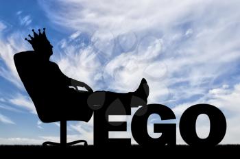 Selfish man sitting on an office chair with a crown on his head having thrown back his feet on the word ego. Big Ego Concept