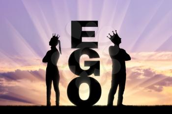 A big ego word between an arrogant man and a woman with a crown on her head, they stand with their backs to each other. Concept of selfishness and arrogance in relationships