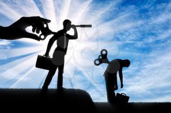 The concept of competition and new ideas in business. Silhouette of a worker looking through a telescope with a clockwork mechanism at the back and the tired working competitor