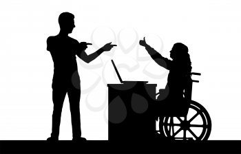 Vector silhouette happy disabled woman in a wheelchair on a background with the man who supports it. Conceptual scene, element for design