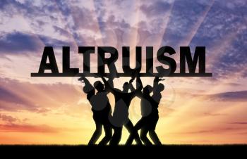 Group of altruistic men hold the big word altruism. Concept and populizatsiya altruism in society