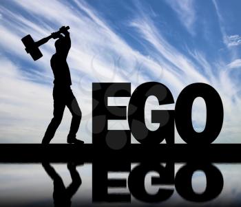 Man with a big sledgehammer in his hands intends to destroy the word ego by the river with its reflection. Concept of choosing to be selfish or not