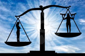 Silhouette of an ordinary woman on the scales of justice in priority over a selfish woman with a crown on her head. The concept of egoism as a problem in a normal society