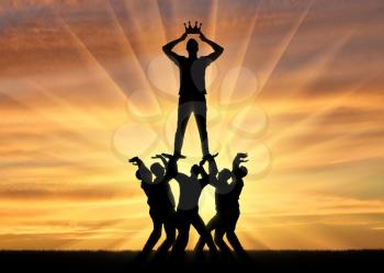 Silhouette of a selfish and narcissistic man dressing a crown, he stands on a crowd of men. The concept of selfishness and narcissistic personality