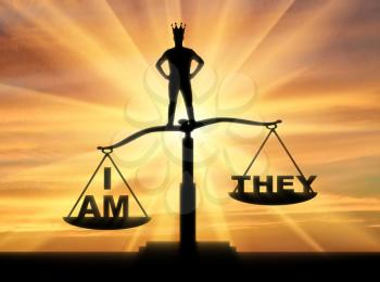 Concept of selfishness and narcissistic person. Silhouette of a man with a crown, standing on the scales of justice chooses his interests