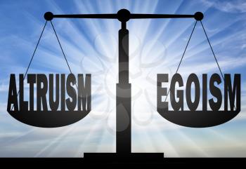 Altruism concept. Words altruism and egoism on the scales of justice