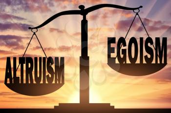 Altruism concept. Word altruism takes precedence over the word egoism on the scales of justice against a sunset