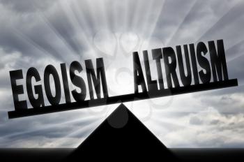 Egoism concept. Word egoism takes precedence over the word altruism on the scales.