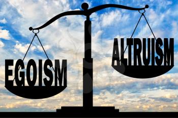 Egoism concept. Word egoism takes precedence over the word altruism on the scales