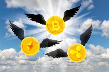 Coins Bitcoin, Ethereum, Ripple with wings rise in the sky upwards. The notion of the growth of the crypto currency