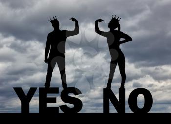 Silhouette of selfish people with crowns on their heads, prove their rightness by pointing to themselves with a finger. Conceptual scene of selfishness