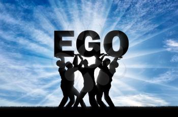 The silhouette of a selfish crowd holds the word ego. Conceptual scene of selfishness