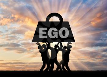 The silhouette of a selfish crowd keeps a heavy load - the ego. The conceptual scene of selfishness as a problem of society
