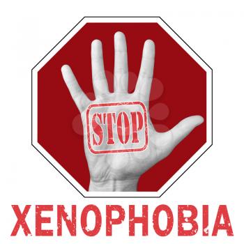 Stop xenophobia conceptual illustration. Open hand with the text stop xenophobia. Global social problem