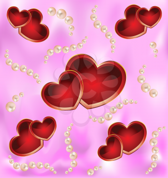 Romantic vector background with hearts and pearls.