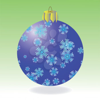Dark blue fur-tree ball with snowflakes on a green background.