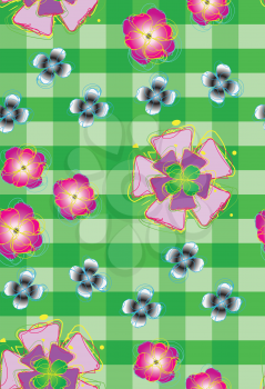 Beautiful seamless background with stylized flowers on on checkered.
