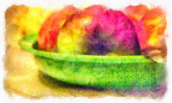 Watercolor painting with apples on a green plate.