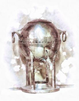 Watercolor painting with an old shiny samovar.
