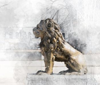 Architectural sketch Lion Sculpture in a city park. City Vishny Volochek, Russia.