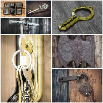 Collage with keys and locks of seven photos.