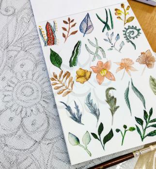 Photo with watercolor flowers and plants and a sketch of the mandala on the left.