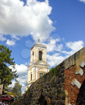The bell tower of the Trinity Church in the village of Pryamukhino. Tver Region, Russia. Mobile photo.