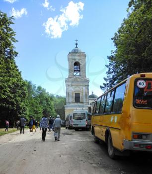 Pryamuhino Selo, Russia - June 17, 2017: The bell tower of the Trinity Church in the village of Pryamukhino. Tver Region, Russia. Mobile photo.