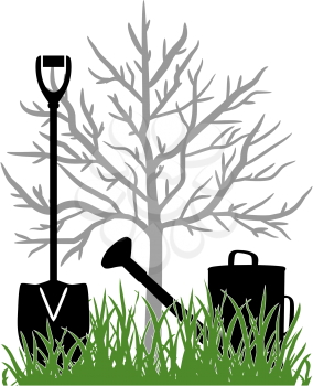 Illustration with the watering can and a shovel in the green grass in the background seedling apple trees.