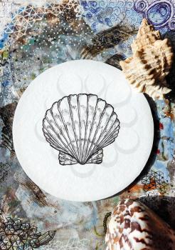 Photo with seashell.. Black and white illustration. Drawn by hand