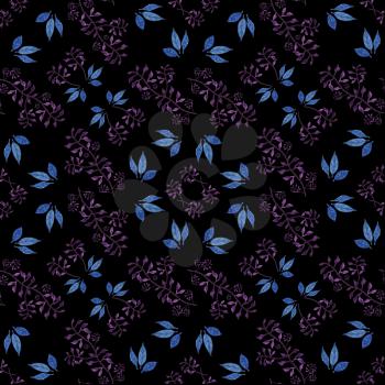 A seamless watercolor pattern with purple leaves and branches. Black background. Design for card, poster or wallpaper.