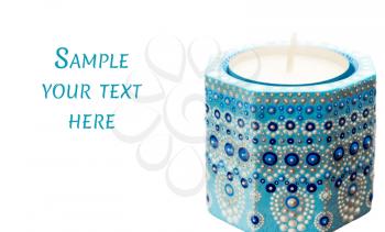 Candle holder with tea candles. Spot painting. Dot Art. Isolated on white. Inscription: sample your text.