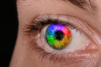 Close Up Of A Man Eyes, macro. Rainbow in eye