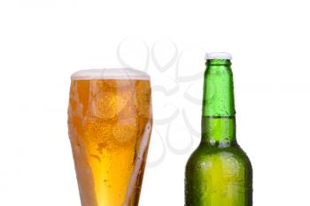 Beer bottle with drops isolated on wgite