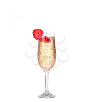 Single Strawberry splashing into a glass of champagne