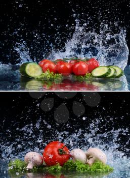Salad, tomato and cucumber with water drop splash