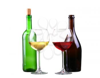 Red and white wine bottles on white background