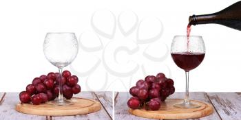 wine glass with red wine, bottle of wine and grapes on board isolated over white background