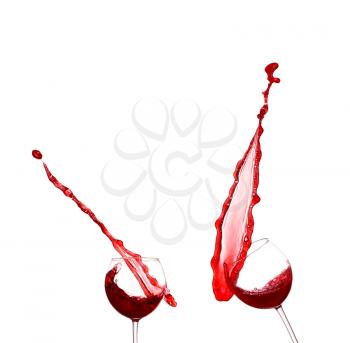 collage Red wine splashing from glass, isolated on white background