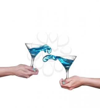 collage Blue alcoholic cocktail on white isolate splash