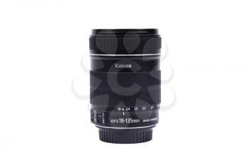KYIV, UKRAINE - FEBRUARY 28, 2016: Canon 18-135mm f/3.5-5.6 EF-S IS  Lens. Canon Inc. is a Japanese multinational corporation specialized in the manufacture of imaging and optical products. 