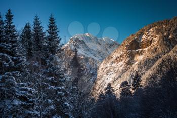 High mountains under snow in the winter. A series of photos of the Caucasus Mountains, ski resort Dombay, Karachay-Cherkessia