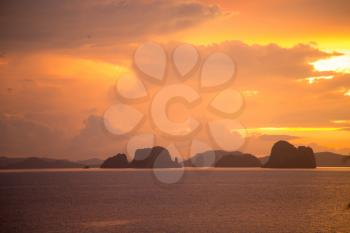 Gloomy tropical sunset,Sunset over Water and Islands,Thailand. Krabi Province, Ao Nang Beach