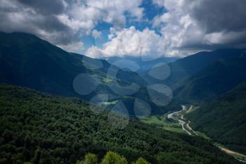 Summer in the mountains. beautiful green valley, top view . North Caucasus, Arkhyz, Russia.