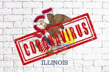 Flag of the State of Illinois painted on grungy brick wall background. with stamp CORONAVIRUS, idea and concept of healthcare, epidemic and disease in USA