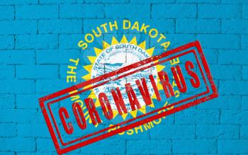 Flag of the State of South Dakota painted on grungy brick wall background. with stamp CORONAVIRUS, idea and concept of healthcare, epidemic and disease in USA